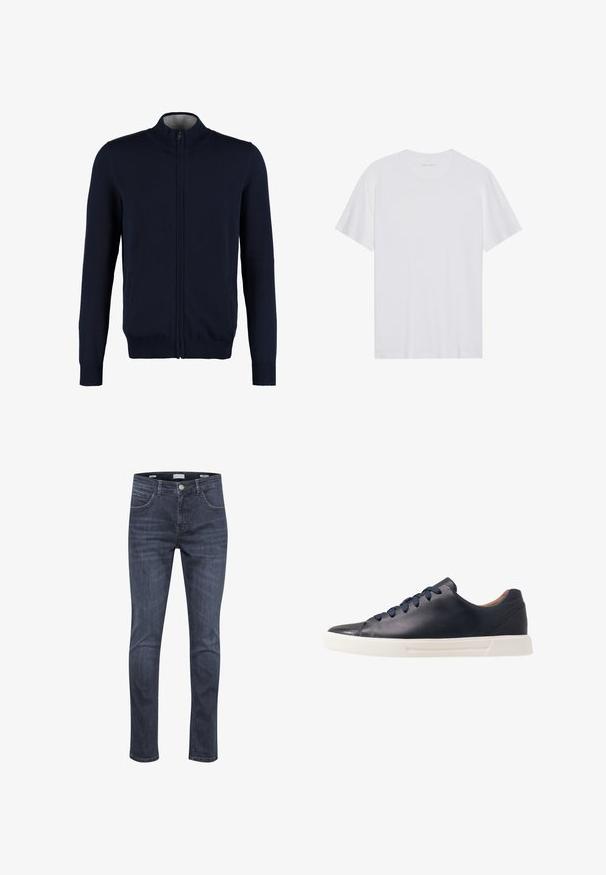 Marineblauwe ritssluiting cardigan met hoge kraag, ribbelmanchetten en onderrand, gladde textuur en zijzakken. Platte brei ontwerp.; Witte katoenen T-shirt met korte mouwen, een ronde hals en een gladde textuur. Heeft minimale branding op de halslijn.; Donkerblauwe denim jeans met een slim fit, voorzien van vijf zakken, lichte stiksel en een klassiek ritsopening met knoopsluiting.; Marineblauwe leren sneakers met een gladde afwerking, platte witte rubberen zool, ronde neus en zes marineblauwe veters die door ronde oogjes zijn geregen.