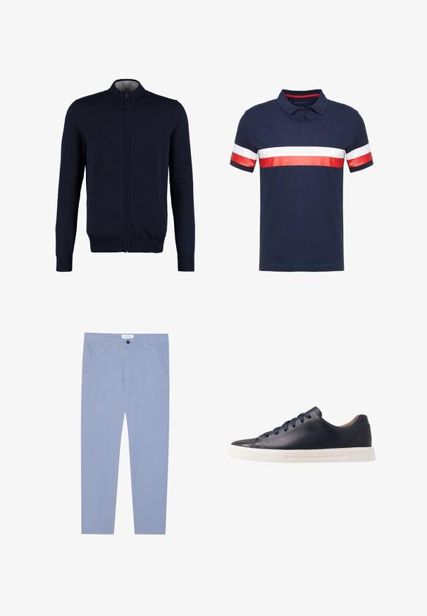 Marinefarbener Reißverschluss-Pullover mit hohem Kragen, gerippten Bündchen und Saum, glatter Textur und seitlichen Taschen. Flach gestricktes Design.; Navyblaues Polohemd mit rot-weißen horizontalen Streifen an den Ärmeln und der Brust, aus Baumwolle gefertigt, mit Kragen und einer Knopfleiste mit zwei Knöpfen.; Himmelblaue Chinos aus weichem Stoff, ausgestattet mit zwei Fronttaschen und einem Knopfverschluss. Gerade geschnittenes Design mit klaren Linien.; Marineblaue Ledersneaker mit glatter Oberfläche, flacher weißer Gummisohle, runder Zehenpartie und sechs marineblauen Schnürsenkeln, die durch runde Ösen gefädelt sind.