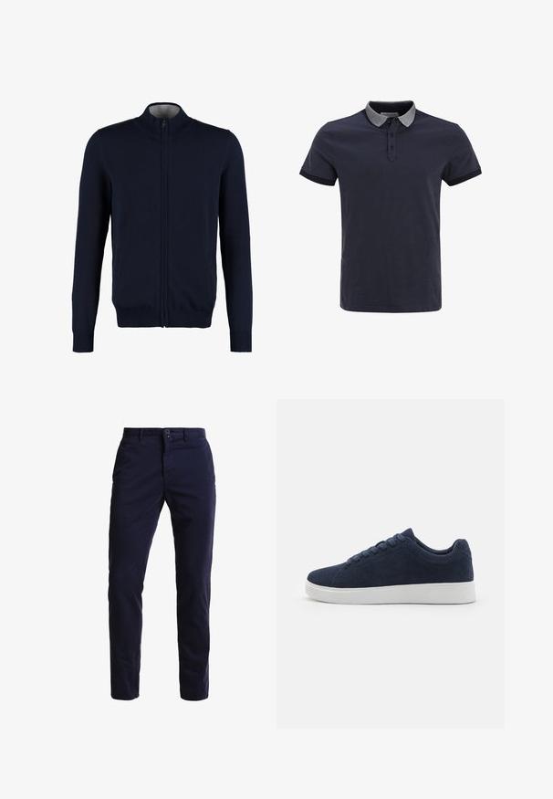 Cárdigan azul marino con cremallera, cuello alto, puños y dobladillo acanalados, textura suave y bolsillos laterales. Diseño de punto plano.; Camisa polo azul marino con cuello gris, mangas cortas y un patrón de micro puntos. Cuenta con tres botones en el escote y acentos de dobladillo en un color sólido.; Chinos azul marino hechos de una mezcla de algodón, con un diseño de pierna recta, bolsillos frontales, cierre de cremallera y una cinturilla con un solo botón.; Zapatillas de ante azul marino con puntera redonda, suela de goma blanca y seis ojales para cordones. Textura suave y diseño minimalista. Vista lateral mostrada.
