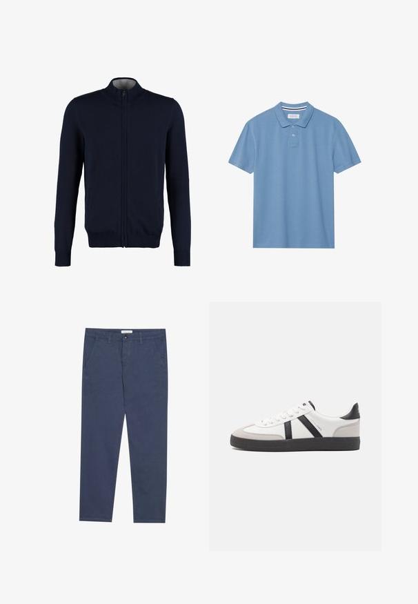 Cárdigan azul marino con cremallera, cuello alto, puños y dobladillo acanalados, textura suave y bolsillos laterales. Diseño de punto plano.; Camisa polo de color azul claro, hecha de tejido texturizado, con cuello tipo polo, tapeta de tres botones y mangas cortas.; Chinos de algodón azul marino con corte recto, dos bolsillos frontales y un sutil detalle de costura, que cuentan con una cinturilla con cierre de botón.; Zapatilla blanca con acentos en negro y gris, que presenta una puntera texturizada en gris, suela de goma negra y cordones planos blancos. Diseño limpio, estilo minimalista.