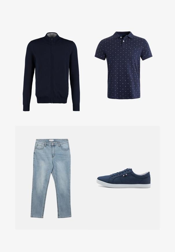 Marinefarbener Reißverschluss-Pullover mit hohem Kragen, gerippten Bündchen und Saum, glatter Textur und seitlichen Taschen. Flach gestricktes Design.; Marineblaue Polo-Shirt aus Baumwolle, mit geradem Schnitt, kurzen Ärmeln, Kragen, Tasche und einem kleinen Anker-Muster über das gesamte Shirt.; Hellblaue Denim-Jeans mit Frontknopf und Reißverschluss, Gürtelschlaufen und fünf Taschen, flach auf weißem Hintergrund liegend.; Marineblaue Leinenschuhe mit weißen Gummisohlen, runder Zehenpartie und sechs Paar Ösen für Schnürsenkel. Mit Logo-Etikett an der Seite.