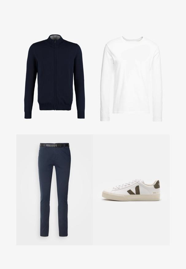 Marineblauwe ritssluiting cardigan met hoge kraag, ribbelmanchetten en onderrand, gladde textuur en zijzakken. Platte brei ontwerp.; Langsleeve witte t-shirt gemaakt van zachte katoen. Ronde halslijn met rechte zoom en geen zichtbare patronen of graphics.; Marineblauwe katoenen broeken met een smalle pasvorm, voorzien van een gestructureerde zwarte leren riem en klassieke zakken. Schoon ontwerp, geen patronen.; Witte leren sneakers met een lichtbeige rubberen zool. Voorzien van een bruine suède V-logo en hieltab. Gespsluiting met een gestructureerd oppervlak.