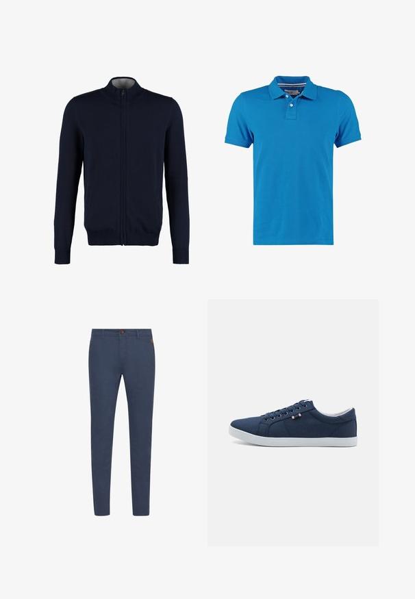 Marine zip-up cardigan med høj krave, ribstrikkede manchetter og kant, glat tekstur og sidelommer. Flad strikket design.; Kortærmet polo skjorte i lys blå bomuld, med krave, tre-knaps placket og ingen synlige mønstre eller detaljer.; Marineblå bomuldsbukser med slim fit, udstyret med en brun knap, forlommer og simpel syning. Glat tekstur, ingen synlige mønstre.; Marineblå kanvas sneakers med hvide gummisåler, rund tå og seks par snørehuller. Har logo tag på siden.