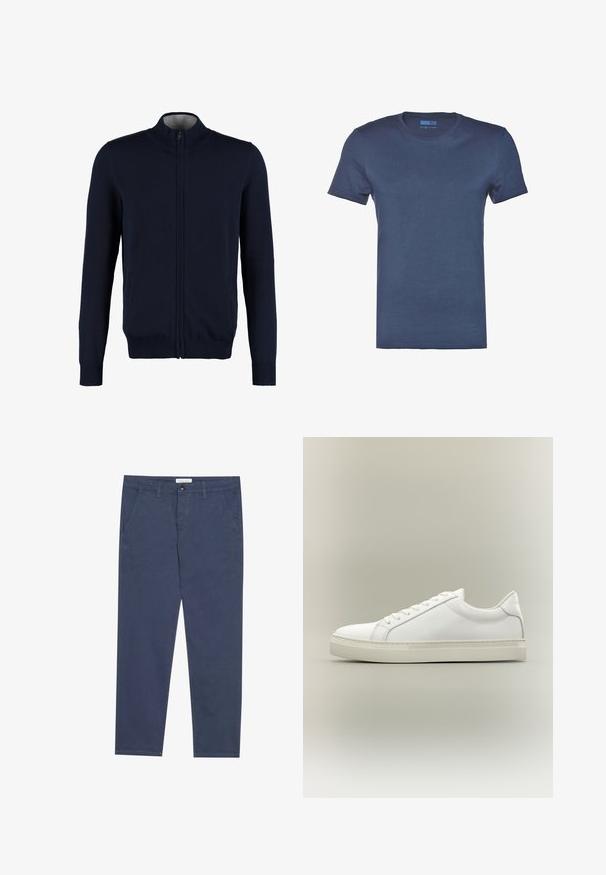 Cárdigan azul marino con cremallera, cuello alto, puños y dobladillo acanalados, textura suave y bolsillos laterales. Diseño de punto plano.; Camiseta de algodón azul marino con cuello redondo, mangas cortas y una textura lisa y sólida. Sin patrones ni detalles de hardware visibles.; Chinos de algodón azul marino con corte recto, dos bolsillos frontales y un sutil detalle de costura, que cuentan con una cinturilla con cierre de botón.; Zapatilla blanca de perfil bajo con cordones en la parte delantera y suela gruesa, mostrada de lado sobre un fondo neutro.
