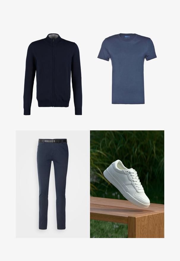 Cárdigan azul marino con cremallera, cuello alto, puños y dobladillo acanalados, textura suave y bolsillos laterales. Diseño de punto plano.; Camiseta de algodón azul marino con cuello redondo, mangas cortas y una textura lisa y sólida. Sin patrones ni detalles de hardware visibles.; Pantalones de algodón azul marino con corte ajustado, que presentan un cinturón de cuero negro texturizado y bolsillos clásicos. Diseño limpio, sin patrones.; Zapatilla de cuero blanca con una textura suave, que presenta un diseño perforado, cordones clásicos y suela de goma, posicionada sobre una superficie de madera.