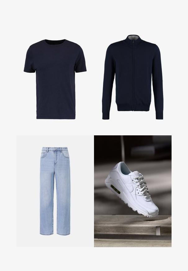 Gilet zippé bleu marine avec un col montant, des bords côtelés aux poignets et à l'ourlet, une texture lisse et des poches latérales. Design en tricot plat.; Pier One by Zalando T-shirt basique - dark blue; Jean en denim bleu clair avec une coupe décontractée et des jambes larges. Les caractéristiques incluent cinq poches, une fermeture à bouton à l'avant et une décoloration subtile.; Baskets blanches en cuir avec des surfaces texturées, un col rembourré et un amorti d'air visible dans la semelle. Elles possèdent des lacets et un design minimaliste.