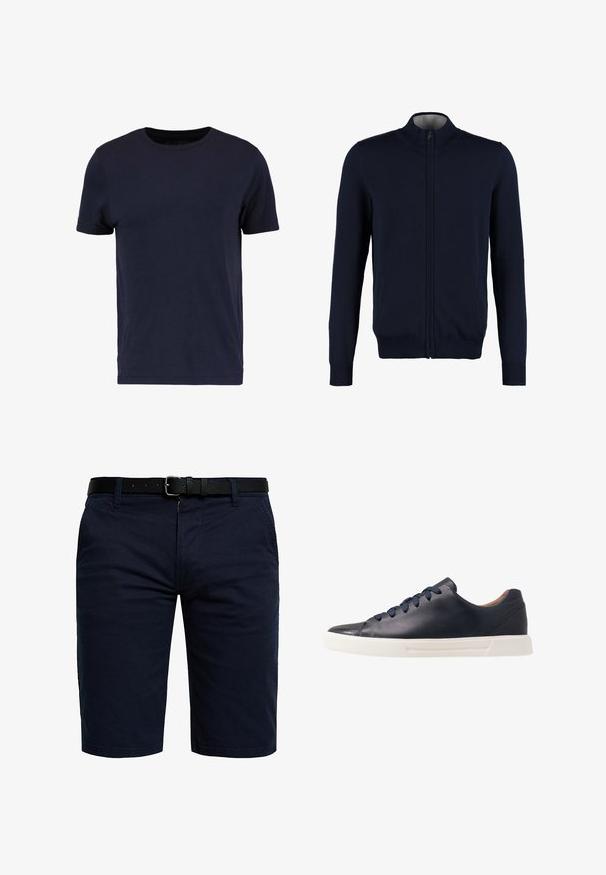 Marineblauwe ritssluiting cardigan met hoge kraag, ribbelmanchetten en onderrand, gladde textuur en zijzakken. Platte brei ontwerp.; Pier One by Zalando T-shirt basic - dark blue; Marineblauwe shorts gemaakt van een katoenmix, voorzien van een rits, zijzakken en een zwarte leren riem met een metalen gesp.; Marineblauwe leren sneakers met een gladde afwerking, platte witte rubberen zool, ronde neus en zes marineblauwe veters die door ronde oogjes zijn geregen.