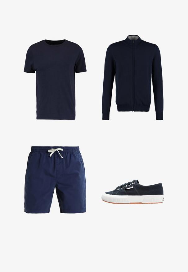 Cárdigan azul marino con cremallera, cuello alto, puños y dobladillo acanalados, textura suave y bolsillos laterales. Diseño de punto plano.; Pier One Camiseta básica - dark blue; Bañador azul marino hecho de un tejido ligero, con una cintura elástica y un cordón blanco, además de bolsillos laterales.; Zapatillas de lona navy con suela de goma blanca, punta redonda y diseño de lazada con seis ojales. Presenta una suela de goma texturizada y una etiqueta con el logotipo.