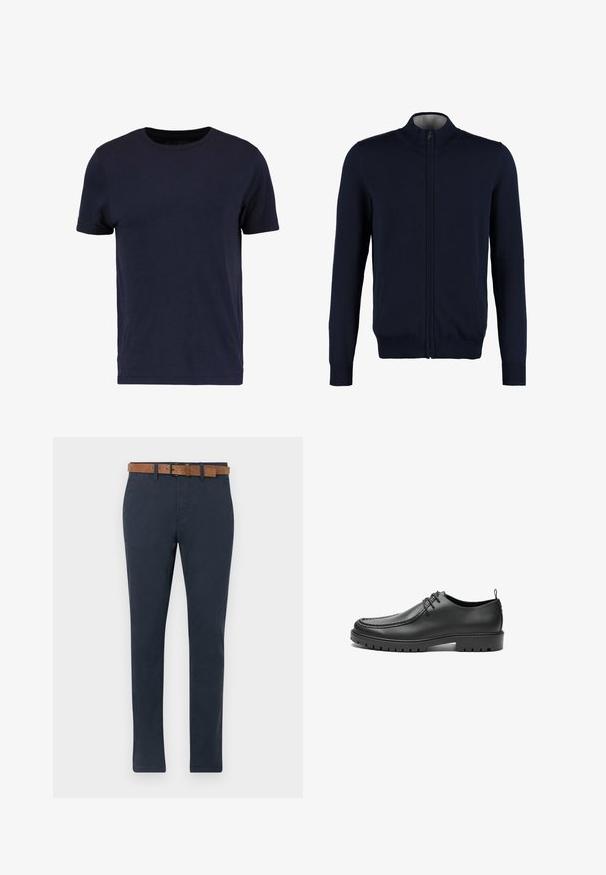 Marineblauwe ritssluiting cardigan met hoge kraag, ribbelmanchetten en onderrand, gladde textuur en zijzakken. Platte brei ontwerp.; Pier One by Zalando T-shirt basic - dark blue; Donkerblauwe chinos van katoen met een gladde textuur. Voorzien van een bruine suède riem met een gesp en een rechte pijpdesign.; Zwarte lederen schoenen met een gladde afwerking, ronde neus en decoratieve stiksels. Beschikt over een rubberen zool met tractiegrepen en een vetersluiting.