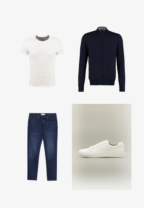 Cárdigan azul marino con cremallera, cuello alto, puños y dobladillo acanalados, textura suave y bolsillos laterales. Diseño de punto plano.; Camiseta de algodón blanca con cuello redondo y mangas cortas, con un diseño liso y una textura suave. Etiqueta visible en el área del cuello.; Jeans ajustados de color azul oscuro con cinco bolsillos, cierre de botones y costuras de contraste, etiquetados como Pier One en la cinturilla.; Zapatilla blanca de corte bajo con cierre de cordones y suela plana, mostrada de perfil sobre un fondo neutro.
