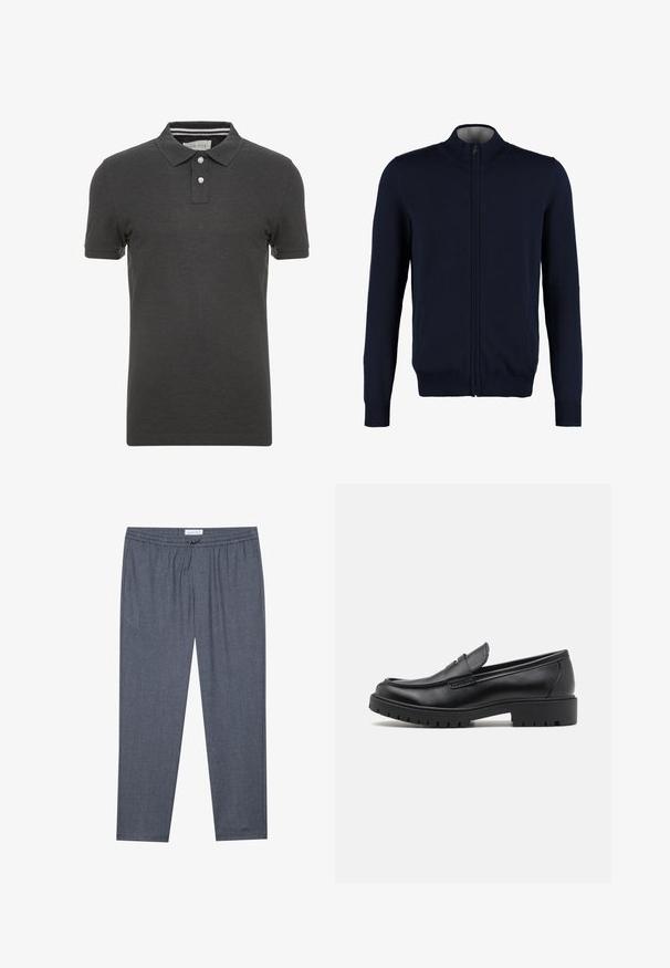 Gilet zippé bleu marine avec un col montant, des bords côtelés aux poignets et à l'ourlet, une texture lisse et des poches latérales. Design en tricot plat.; Polo shirt gris foncé à manches courtes, col polo et patte de boutonnage à trois boutons. Présente un détail rayé subtil à l'intérieur du col.; Pantalons gris à jambes droites avec taille à cordon de serrage et texture subtile. Le tissu semble doux et confortable, idéal pour une tenue décontractée.; Mocassins en cuir noir avec un bout arrondi, un design à enfiler et une semelle en caoutchouc épaisse avec une texture antidérapante. Talon surélevé et détails de surpiqûre subtils.