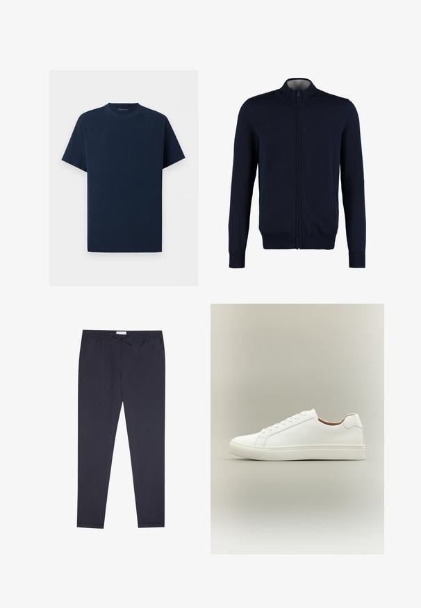 Gilet zippé bleu marine avec un col montant, des bords côtelés aux poignets et à l'ourlet, une texture lisse et des poches latérales. Design en tricot plat.; T-shirt bleu marine uni à manches courtes et col rond sur fond blanc, vue de face sans logos ni motifs visibles.; Pantalons bleu marine en tissu léger ; dotés d'une taille élastique avec cordon de serrage et de jambes fuselées. Texture lisse et sans motifs visibles.; Baskets blanches basses avec fermeture à lacets et semelle plate, vues de côté sur un fond neutre.