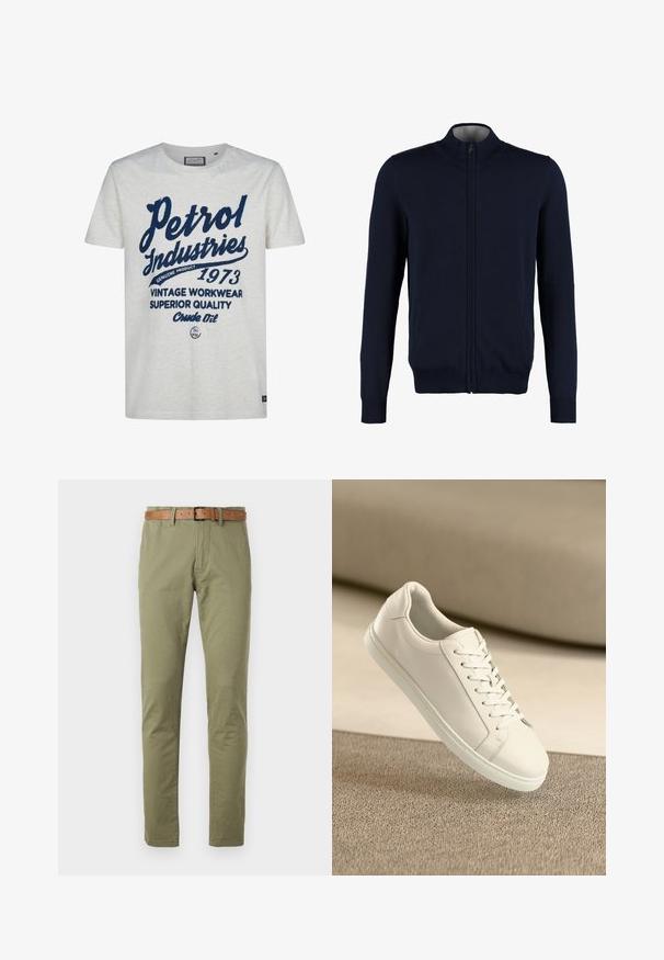 Marinefarbener Reißverschluss-Pullover mit hohem Kragen, gerippten Bündchen und Saum, glatter Textur und seitlichen Taschen. Flach gestricktes Design.; Weißes T-Shirt mit kurzen Ärmeln, das mit navyblauer Schrift bedruckt ist. Das Design umfasst "Petrol Industries", "1973" und Akzente wie "Echtes Produkt".; Olivgrüne Baumwollhosen mit geradem Schnitt, ausgestattet mit einem braunen Ledergürtel und einer glatten Textur. Einfache Fronttaschen.; Weißes Leder Sneaker mit weißen Schnürsenkeln, auf einer beigefarbenen strukturierten Oberfläche präsentiert, und einem sanft verschwommenen Hintergrund.