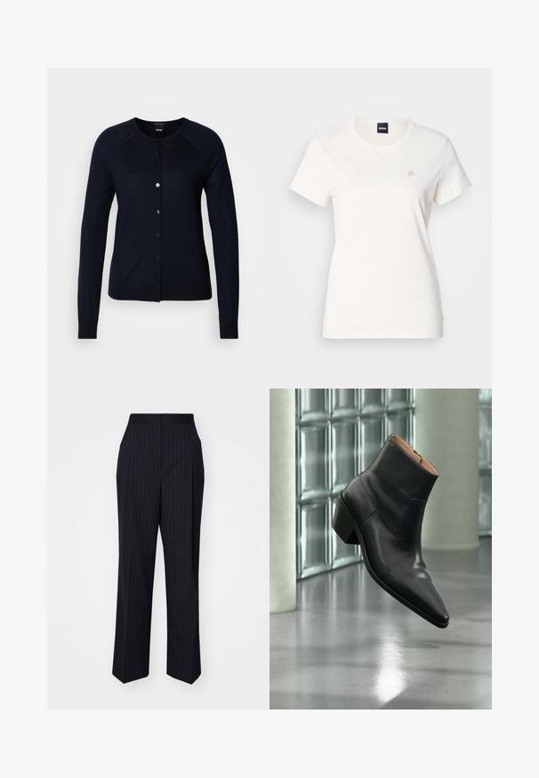 Cardigan bleu marine en tissu tricoté doux, doté de manches longues, d'un col rond et d'une fermeture avant complète avec des boutons assortis.; T-shirt en coton blanc avec un col rond et des manches courtes. Présente un petit logo brodé sur la poitrine. Texture lisse.; Pantalons bleu marine avec des rayures blanches verticales, coupe droite, taille intermédiaire et texture de tissu lisse.; Bottine en cuir noir avec un bout pointu et un talon carré lévitant au-dessus d'un sol gris réfléchissant près d'un mur en blocs de verre.