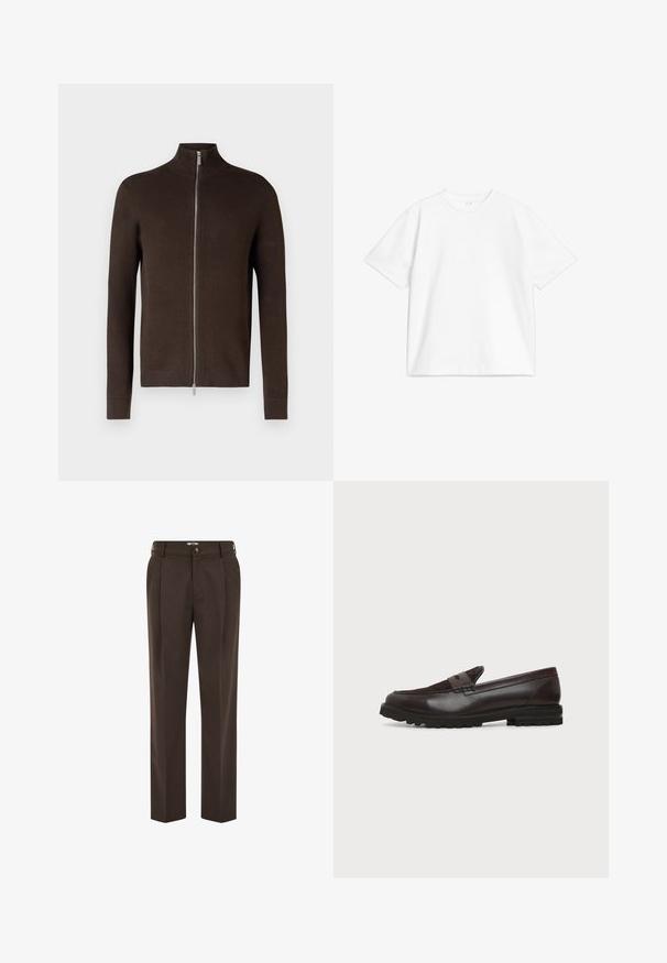 Pull en zip marron avec col haut, fabriqué en tissu tricoté texturé. Doté de manches longues et de bords côtelés aux poignets et à l'ourlet.; T-shirt en coton blanc à col rond, à manches courtes et coupe décontractée, avec un design uni sans motifs ni accents.; Pantalon marron foncé sur mesure avec plis à l'avant, passants de ceinture, fermeture par bouton et coupe droite.; Mocassin penny en cuir et daim marron foncé avec semelle épaisse en caoutchouc noir, profil latéral sur fond blanc.