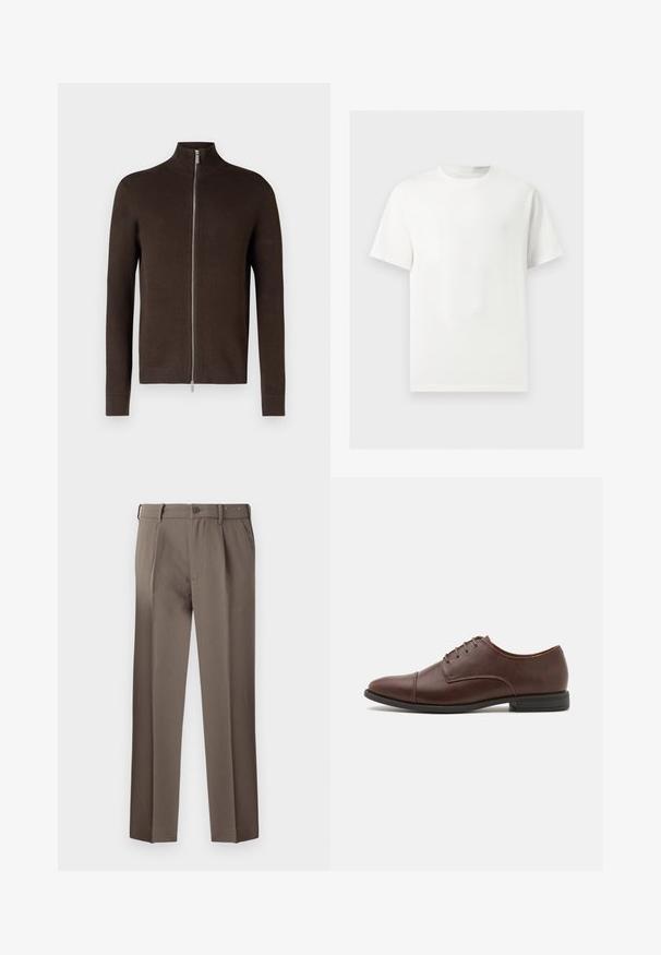 Pull en zip marron avec col haut, fabriqué en tissu tricoté texturé. Doté de manches longues et de bords côtelés aux poignets et à l'ourlet.; T-shirt blanc uni à manches courtes et col rond présenté sur un fond gris clair.; Pantalons marron sur mesure avec plis, dotés d'une fermeture à bouton, de passants de ceinture et d'une texture tissée lisse. Design classique à jambe droite.; Chaussure habillée en cuir marron à lacets avec un bout arrondi élégant, des détails de couture subtils et un petit talon en caoutchouc noir.