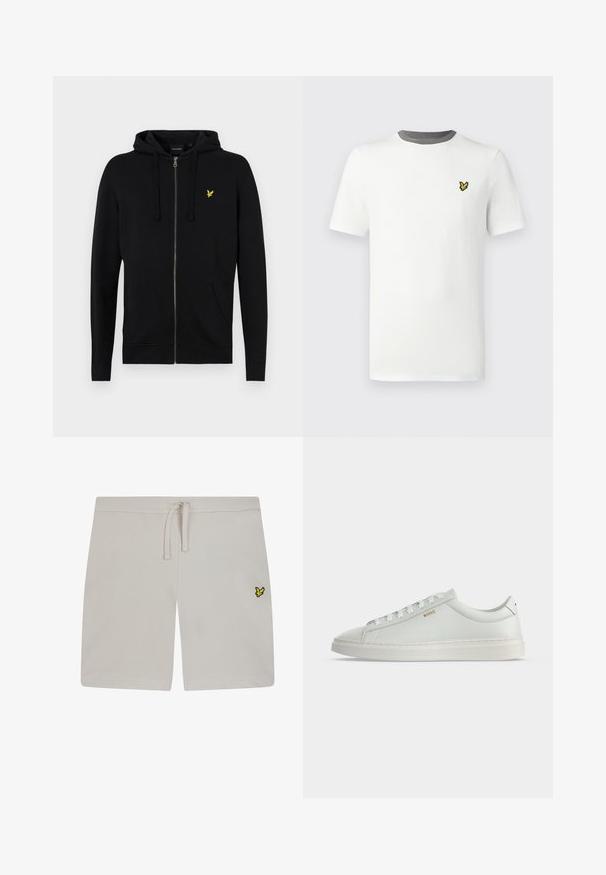 Hoodie zippé noir en tissu doux, avec une capuche à cordon de serrage, des poches avant et un petit logo d'aigle jaune sur la poitrine.; T-shirt en coton blanc avec col rond, manches courtes, et col gris ; présente un petit logo jaune brodé sur la poitrine.; Shorts en coton gris clair avec une taille élastique et un cordon de serrage. Présente un petit logo jaune sur le côté gauche. Texture lisse.; Baskets basses blanches en cuir avec lacets, semelle plate et petit logo doré "BOSS" sur le côté, vues de l'extérieur.
