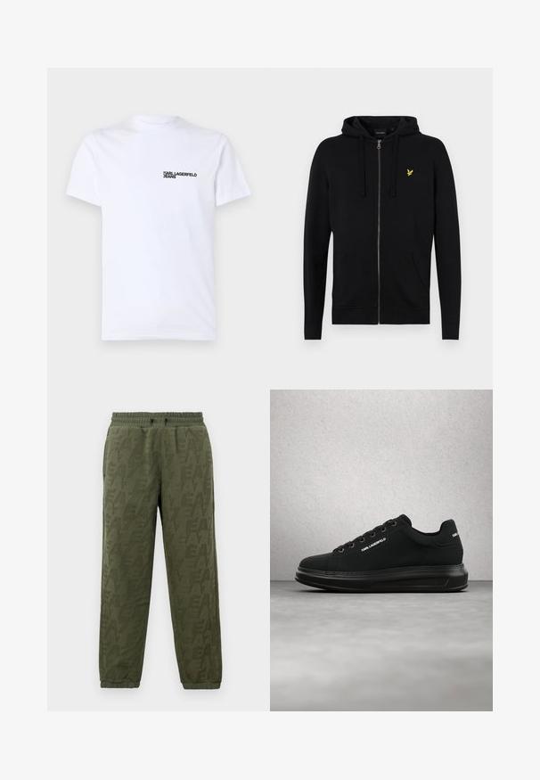 Zwarte rits hoodies gemaakt van zachte stof, met een trekkoordcapuchon, voorzakken en een klein geel adelaarslogo op de borst.; Witte katoenen t-shirt met korte mouwen, een ronde halslijn en een zwart "KARL LAGERFELD JEANS" logo op de linkerkant van de borst.; Olijfgroen fleece joggingbroek met elastische taille en boorden, met subtiel ton-sur-ton EA7 logo patroon overal.; Zwarte Karl Lagerfeld sneaker met zwarte veters, rubberen zool en logodetail, zwevend boven een grijze betonnen vloer nabij glasblokken.