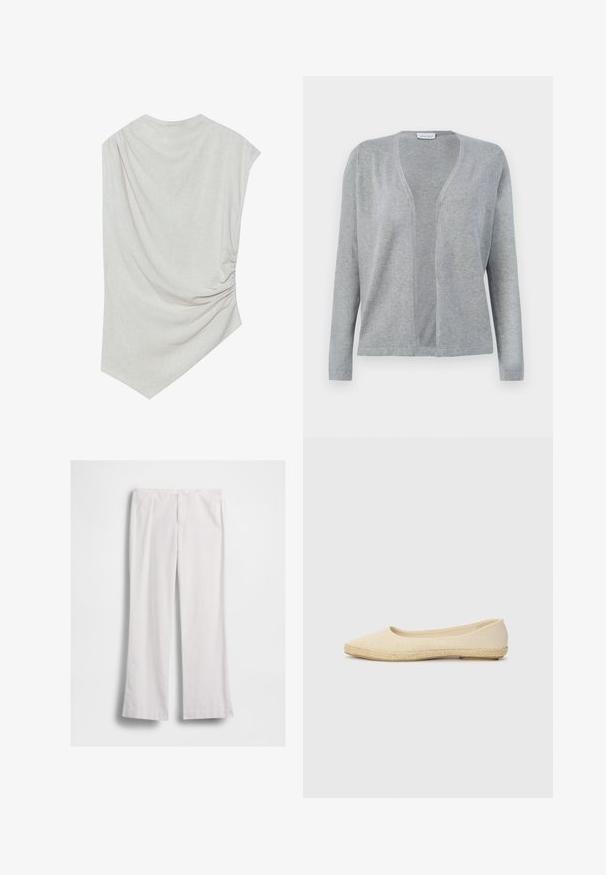 Lysegrå cardigan med lange ærmer og åben front, med et enkelt, sømløst design og blød stofstruktur.; Lys beige top med en rund halsudskæring, asymmetrisk kant og samlede detaljer på den ene side. Fremstillet af et blødt, struktureret stof.; Hvide bukser med lige ben, foran lynlås og knaplukning, vist fladt på en hvid baggrund.; Beige balletflade med et struktureret tekstiloverdel og en vævet jutesål. Slank, afrundet tå og et lavt snit. Letvægtig konstruktion.