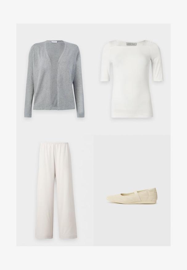 Cardigan gris clair à manches longues, à ouverture frontale, au design simple et sans coutures, avec une texture de tissu douce.; Haut blanc à manches courtes avec un décolleté carré, fabriqué dans un tissu lisse, présentant des détails discrets de coutures sur les épaules et les côtés.; Pantalon beige crème coupe ample avec taille élastique et jambes larges droites, présenté sur fond blanc uni.; Ballerines beiges avec une exterior en cuir lisse, un bout en forme d'amande et une sangle élastique sur le coup de pied, avec des détails de couture subtils.
