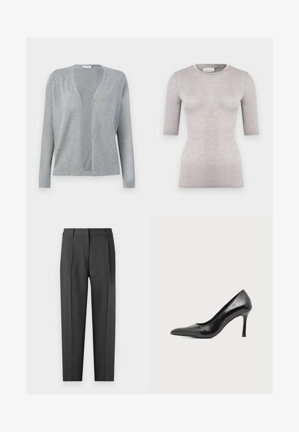 Cardigan gris clair à manches longues, à ouverture frontale, au design simple et sans coutures, avec une texture de tissu douce.; T-shirt gris clair ajusté avec un col rond, des manches courtes et une texture lisse. Fabriqué en tissu doux et léger avec des coutures minimales.; Pantalons ajustés gris charbon, avec une taille plate, des poches latérales et une coupe droite, présentant une texture lisse.; Chaussure à talon haut pour femme en cuir verni noir avec bout pointu et talon fin sur fond clair uni.