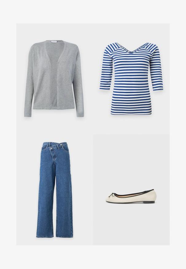 Cardigan gris clair à manches longues, à ouverture frontale, au design simple et sans coutures, avec une texture de tissu douce.; Chemise à manches longues rayée bleu et blanc avec col en V et coupe ajustée.; Jean denim bleu à jambes larges, taille haute avec fermeture à boutons chevauchants sur fond blanc uni.; Ballerine en textile beige avec une bordure noire. Affiche un bout arrondi et un petit nœud en accent sur le devant. Semelle basse.
