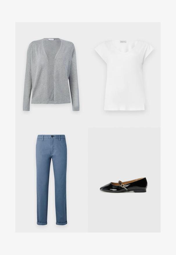 Cardigan gris clair à manches longues, à ouverture frontale, au design simple et sans coutures, avec une texture de tissu douce.; Blouse blanche à manches courtes avec un col rond et une petite étiquette de marque près du col.; Pantalons casual bleus avec fermeture à bouton, passants de ceinture, poches latérales et poignets aux chevilles sur fond blanc.; Chaussure plate en cuir verni noir avec un bout pointu, une bride de cheville avec une boucle en tonalité dorée, et un petit talon carré. Fini lisse et brillant.