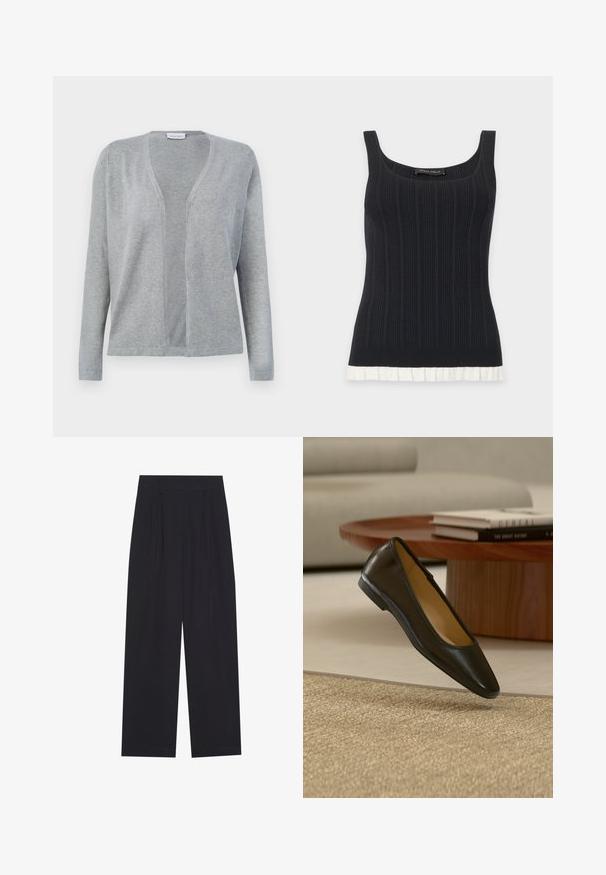 Cardigan gris clair à manches longues, à ouverture frontale, au design simple et sans coutures, avec une texture de tissu douce.; Débardeur noir côtelé sans manches avec larges bretelles et détail de bas à volants blancs, posé à plat sur un fond clair.; Pantalons larges noirs en tissu lisse, avec des plis, une taille plate et sans poches ni decorations visibles.; Chaussure plate en cuir noir avec bout carré arrondi sur un tapis tissé beige, avec une table basse en bois et des livres empilés en arrière-plan.