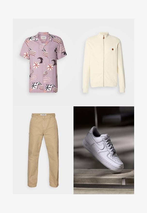 Veste zippée crème avec un col montant, texture côtelée et un petit patch logo marron sur la poitrine gauche. Elle dispose de manches longues et de poignets élastiques.; Chemise à manches courtes, de couleur lavande, arborant un motif sur le thème de la plage avec des parapluies, des vagues et des accents rayés. Comprend une poche poitrine et une fermeture à boutons.; Pantalon en coton léger beige avec une coupe droite, doté d'une fermeture à bouton et d'une texture subtile. Logo Lacoste sur la taille.; La basket Nike Air Force 1 en cuir blanc présente un embout perforé, des lacets plats et une semelle en caoutchouc texturée avec le logo « AIR » sur le côté.