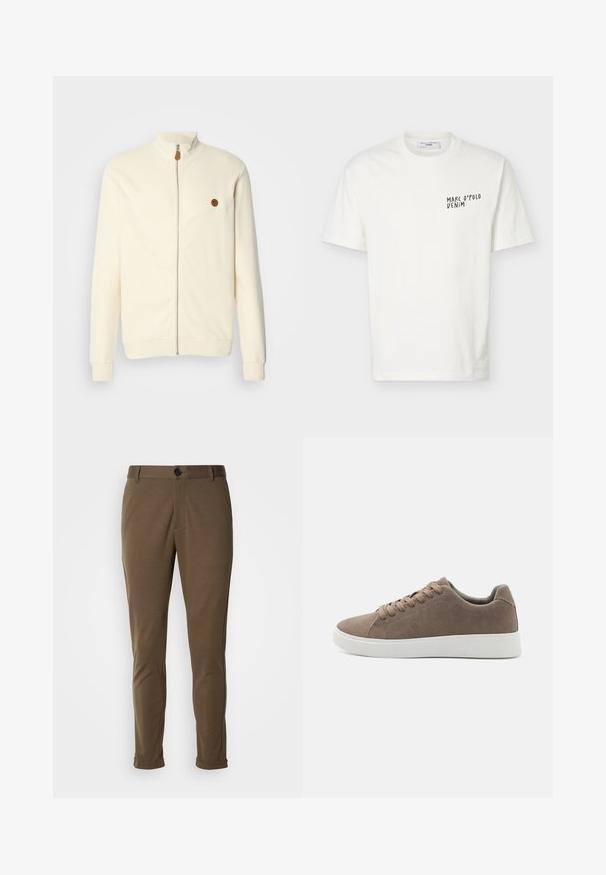 Creme zip-up jakke med høj krave, ribbet tekstur og et lille brunt logo-lap på venstre bryst. Funktionen omfatter lange ærmer og elastiske manchetter.; Hvid T-shirt med korte ærmer og rund halsudskæring med "Marc O’Polo Denim"-logo trykt i sort på venstre bryst.; Brune skræddersyede bukser med en glat tekstur, der har en knaplukning og rullede manchetter. Designet med en slim fit og funktionelle lommer.; Brune ruskinds sneakers med flade hvide gummisåler, snørelukning, rund tå og en glat overflade. Minimalistisk stil med diskrete syninger.