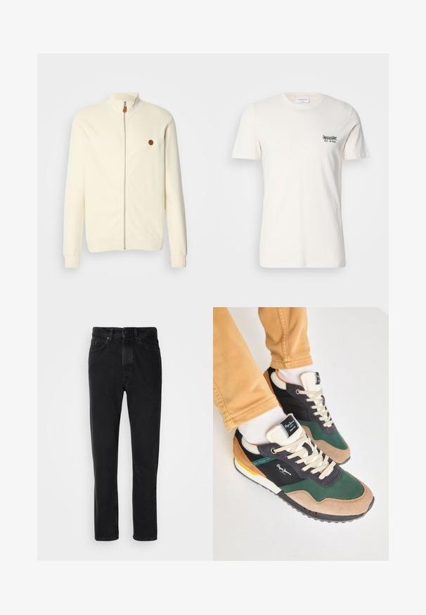 Crème zip-up jas met een hoge kraag, geribbeld textuur en een klein bruin logopatch op de linkerborst. Heeft lange mouwen en elastische manchetten.; Katoenen t-shirt in off-white, met een ronde halslijn, korte mouwen en een kleine zwart-groene graphic op de linkerborst.; Zwarte denim jeans met een recht ontwerp, voorzien van een knoop- en ritsluiting, voorzakken en een subtiele textuur.; Groene en zwarte sneaker met suède en mesh materialen, crèmekleurige veters, multicolore accenten en een gestructureerde zool. Pepe Jeans-logo zichtbaar.