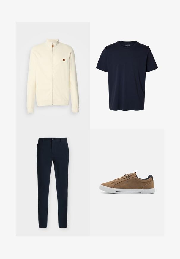 Creme zip-up jakke med høj krave, ribbet tekstur og et lille brunt logo-lap på venstre bryst. Funktionen omfatter lange ærmer og elastiske manchetter.; Simpel marineblå t-shirt med korte ærmer og rund halsudskæring med en lille trykt mærkelabel inde i kraven.; Marineblå slim-fit bukser med knap- og lynlåslukning og bæltestropper, vist mod en hvid baggrund.; Brune ruskinds sneakers med beige snørebånd, hvid gummisål og en mørkeblå hælaccent. Har syede detaljer og et afslappet design.