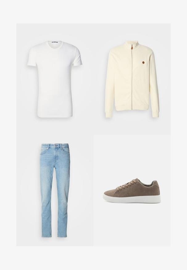 Crème zip-up jas met een hoge kraag, geribbeld textuur en een klein bruin logopatch op de linkerborst. Heeft lange mouwen en elastische manchetten.; Witte katoenen T-shirt met korte mouwen, ronde halslijn en geborduurd logo op de borst. Gladde textuur en getailleerd ontwerp.; Lichtblauwe jeans van denim, met een rechte pasvorm, vijf zakken, riemlussen en een knoopsluiting.; Bruine suède sneakers met platte witte rubberen zolen, vetersluiting, ronde neus en een gladde textuur. Minimalistische stijl met subtiele stikdetails.