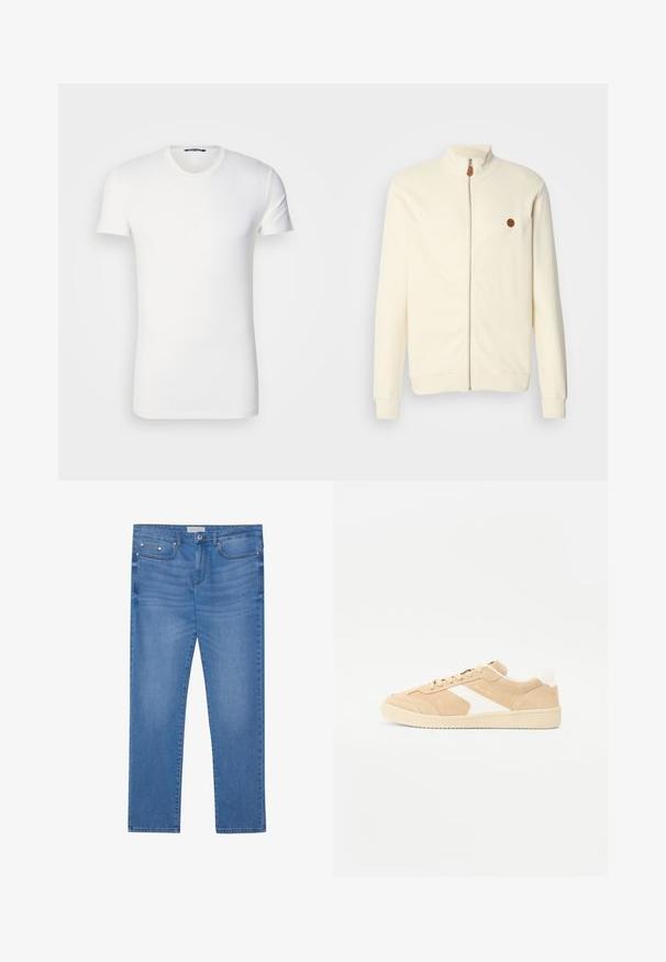Creme zip-up jakke med høj krave, ribbet tekstur og et lille brunt logo-lap på venstre bryst. Funktionen omfatter lange ærmer og elastiske manchetter.; Hvid bomulds T-shirt med korte ærmer, rund halsudskæring og broderet logo på brystet. Glat tekstur og tætsiddende design.; Lyseblå denimjeans med lige ben, femlommes design, subtil falming og metalbeslag ved taljen og lommerne.; Beige ruskind sneakers med hvide detaljer, rund tå og snørebåndslukning. Tekstureret overdel og gummisål med diskret branding.