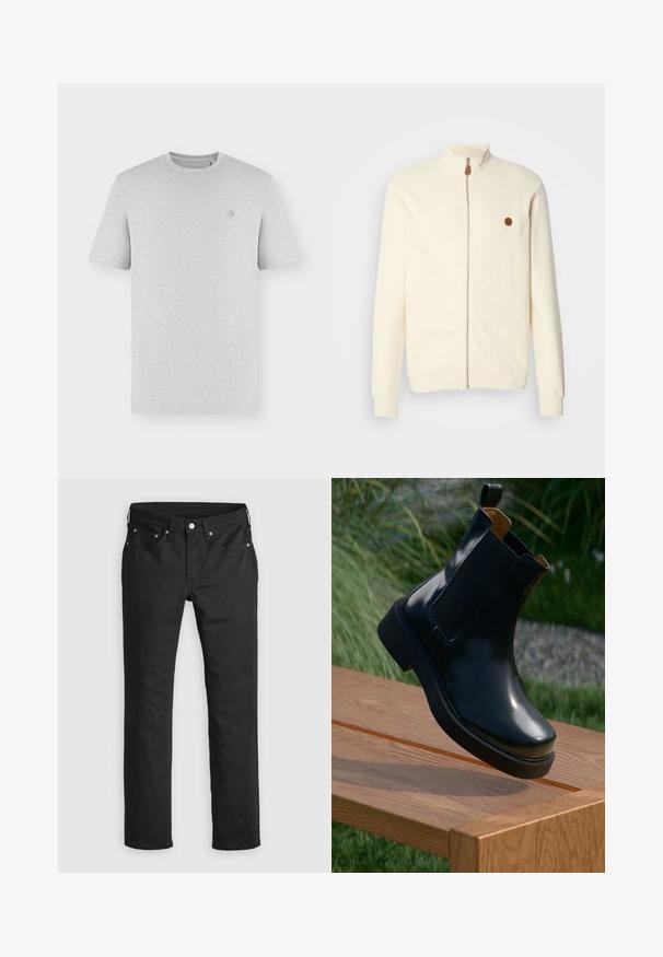 Veste zippée crème avec un col montant, texture côtelée et un petit patch logo marron sur la poitrine gauche. Elle dispose de manches longues et de poignets élastiques.; T-shirt uni gris clair à manches courtes, col rond, avec un petit logo brodé discret sur le côté gauche de la poitrine.; Pantalons en denim noir avec une coupe droite, dotés d'une fermeture éclair, de cinq poches et de détails en métal. Texture lisse.; Bottines Chelsea en cuir noir avec finition lisse, panneaux latéraux élastiques, bout arrondi et semelle en caoutchouc épaisse, positionnées au-dessus d'une surface en bois.