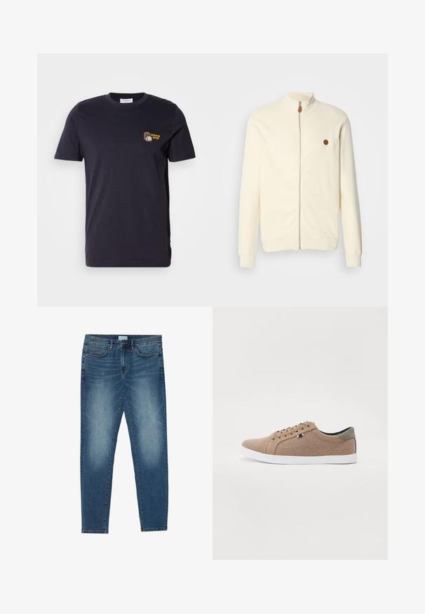 Creme zip-up jakke med høj krave, ribbet tekstur og et lille brunt logo-lap på venstre bryst. Funktionen omfatter lange ærmer og elastiske manchetter.; Mørkeblå bomuld t-shirt med korte ærmer og rund hals. Indeholder et lille broderet design med tekst på venstre brystområde.; Denimjeans i midtblå med en falmet vask, fem-lomme design, lige ben pasform og broderede detaljer. Knap- og lynlåslukning.; Beige lærreds sneakers med lavt design, hvid gummisål og runde snørebånd. Har et kontrasterende gråt hælrelief og logo detalje.