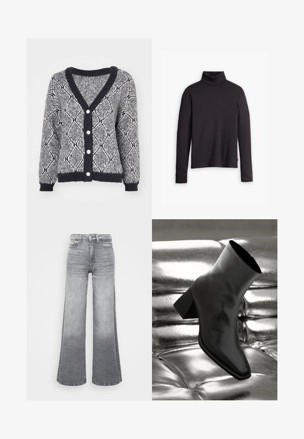 Grijze en zwarte gebreide cardigan met een V-hals, geribbelde manchetten en vijf decoratieve knopen aan de voorkant. Dikke brei textuur.; Zwarte geribde turtleneck trui met lange mouwen en een fitted ontwerp. Zachte textuur, subtiele stretch en een label aan de onderzijde.; Grijze denim wijde pijpen jeans met een licht naar donker verloop, voorzien van een hoge taille, vijf zakken en een klassieke knoopsluiting.; Zwarte enkellaarsjes van glanzend materiaal met een vierkante neus en taps toelopende hak, afgezet tegen een glanzende zilveren gecapitonneerde achtergrond.