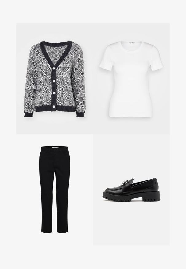 Grijze en zwarte gebreide cardigan met een V-hals, geribbelde manchetten en vijf decoratieve knopen aan de voorkant. Dikke brei textuur.; Witte katoenen T-shirt met korte mouwen, ronde halslijn en ribbelstructuur. Strakke pasvorm met een gladde, schone afwerking.; Zwarte katoenen broek, ontworpen met een rechte snit. Beschikt over vijf zakken en een sluiting met een knoop aan de voorkant. Soepele textuur, minimale stikdetails.; Zwarte leren loafers met een stevige, geribbelde zool en een metallic gespaccent op de band. Gladde textuur, klassieke uitstraling.