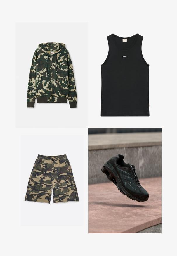 Hoodie zippé camouflage avec un mélange de motifs vert foncé, vert clair et beige, muni d'une poche avant et d'une capuche avec cordon de serrage.; Débardeur noir côtelé avec petit logo blanc « Bkvis » centré sous l'encolure et une étiquette de marque beige à l'intérieur du col.; Shorts mi-longs à motif camouflage avec passants de ceinture, plis à l'avant et poches latérales sur fond blanc.; Baskets athlétiques noires avec une semelle intercalaire à coussin d’air visible flottant au-dessus d’une surface en pierre rose avec un mur en pierre gris en arrière-plan.