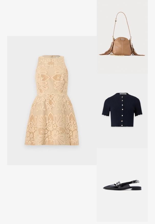 Marineblå kortærmet ribstrikket cardigan med rund halsudskæring og guldknapper ned foran.; Beige ærmeløs kjole med blomsterblondeoverlay, tætsiddende korset og skørt med vidde, med detaljerede udskæringsmønstre over det hele.; Sort laklæder flat sko med spids tå, dobbelte sølvspænder og slingback-hæl på hvid baggrund.; Lille tanfarvet læder skuldertaske med lang rem, guldkæde detalje og frynser på begge sider mod en neutral baggrund.