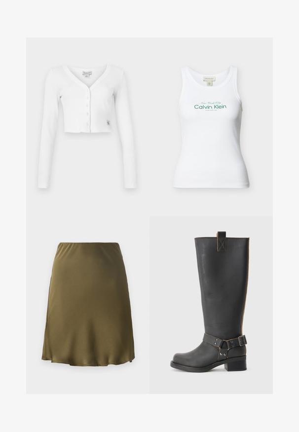 Witte korte cardigan met een V-hals, lange mouwen en zes knopen aan de voorkant. Bevat een klein merklabel aan de onderkant links.; Witte geribbelde mouwloze Calvin Klein tanktop met groene tekst "New York City Calvin Klein Established 1968" op de voorkant.; Olijfgroene satijnen rok met een elastische tailleband, uitlopende stijl en zijsplit. Gladde textuur en knielange snit.; Zwarte leren knie- hoog laars met een gestructureerde afwerking, voorzien van een zijgesp accent en een lage hak. Gedetailleerde stiksels langs de naden.