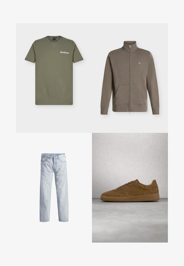 Sweat-shirt marron zippé avec col montant, deux poches avant, poignets côtelés et petit logo brodé sur la poitrine gauche.; T-shirt manches courtes vert olive avec logo blanc "Barbour" sur la poitrine gauche.; Jean en denim bleu clair avec un design à jambe droite, fermeture à boutons, cinq poches et une texture de décoloration subtile. Il présente des accents en métal.; Baskets en daim marron avec des lacets couleur fauve et une semelle en caoutchouc. Présente un bout arrondi et des détails cousus sur la tige. Design léger.