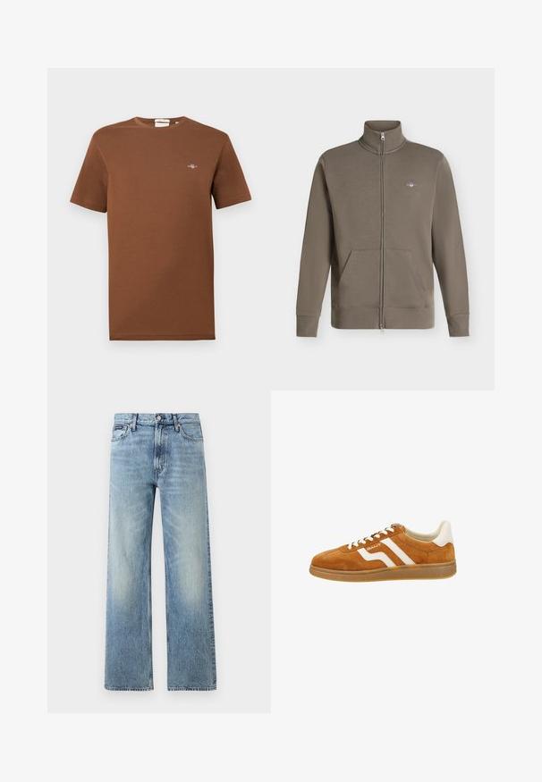 Sweat-shirt marron zippé avec col montant, deux poches avant, poignets côtelés et petit logo brodé sur la poitrine gauche.; T-shirt en coton marron avec col rond. Présente un petit logo brodé sur la poitrine. Manches courtes et coupe régulière.; Jean droit en denim bleu clair avec taille haute, cinq poches, fermeture à boutons et léger délavage sur les cuisses et les genoux.; Baskets en suède marron avec des accents en cuir blanc, présentant un profil bas, un bout rond et des rayures contrastantes sur le côté. Design à lacets.