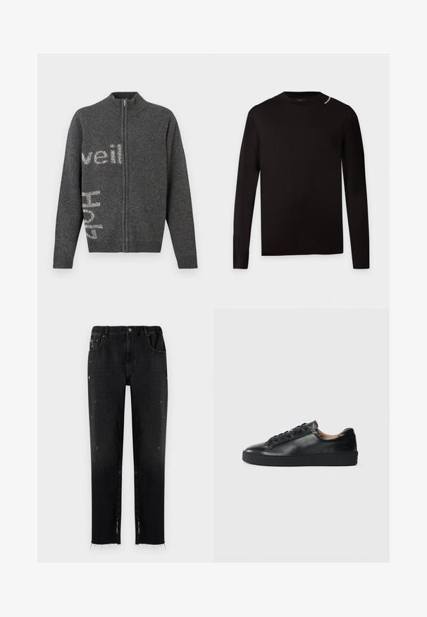 Mørkegrå cardigan med lynlås og høj krave. Har en let struktureret strik og hvide bogstaver på fronten og siden.; Sort langærmet crewneck-shirt med slim pasform og lille hvid tekstdetalje nær venstre skulder.; Sorte jeans lavet af denim med elastisk talje, lige snit, slidte detaljer og flossede kant. Har lommer og knaplukning.; Sorte lædersneakers med en glat overflade, rund tå og snørebåndslukning. Har en tyk gummisål og minimal branddetalje.