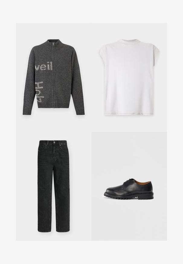 Cardigan à fermeture éclair gris foncé avec un col montant. Présente un tricot légèrement texturé et un lettrage blanc sur le devant et le côté.; T-shirt blanc uni à manches courtes avec un col rond, présenté à plat sur un fond clair.; Jean noir coupe droite avec taille haute, bouton et fermeture éclair à l'avant, poches latérales et arrière, présenté sur un fond clair uni.; Chaussure de cuir noire avec un bout arrondi, un design à lacets et une semelle en caoutchouc texturée. Présente des coutures contrastantes et une doublure intérieure marron.