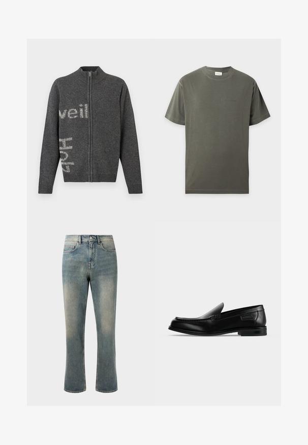 Mørkegrå cardigan med lynlås og høj krave. Har en let struktureret strik og hvide bogstaver på fronten og siden.; Enkelt olivengrøn T-shirt med korte ærmer og rund hals med diskret logo på brystet, vist på en lys grå baggrund.; Lys blå denim jeans med lige ben, mellemhøj talje og subtilt slid. Har klassisk lomme-design og kontrasterende stikninger.; Sort læder slip-on loafer med lav hæl, rundet tå og dekorative syninger langs øverste kant.