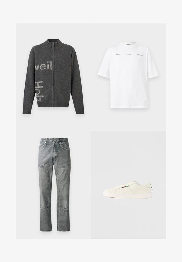 Mørkegrå cardigan med lynlås og høj krave. Har en let struktureret strik og hvide bogstaver på fronten og siden.; Hvid kortærmet t-shirt med lille sort tekst "HZW (26-27)," "Holzweiler" og "'TABLESCAPES" på brystet, vist på en ensfarvet baggrund.; Grå denimjeans med lige pasform, der har frontlommer, synlige sømme og en falmet finish. Materialet har en glat overflade.; Lysebeige sneakers med en glat tekstur, snørelukning og farverig stribet detalje på siden. Hvid gummisål. Ensfarvet bagtil.
