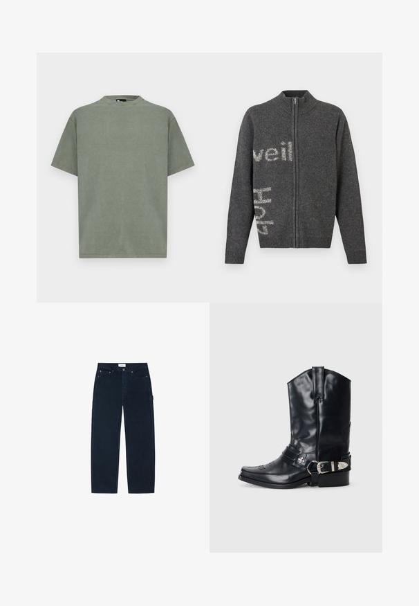 Cardigan à fermeture éclair gris foncé avec un col montant. Présente un tricot légèrement texturé et un lettrage blanc sur le devant et le côté.; T-shirt en coton vert olive uni à manches courtes avec col rond, présenté sur un fond blanc.; Pantalon noir à jambes droites avec poches avant et arrière, passants de ceinture et une boucle latérale pour outils, posé à plat sur un fond blanc.; Botte de cowboy en cuir noir avec un bout pointu, une tige haute, des coutures décoratives et une quincaillerie en argent sur la sangle. Fini texturé.