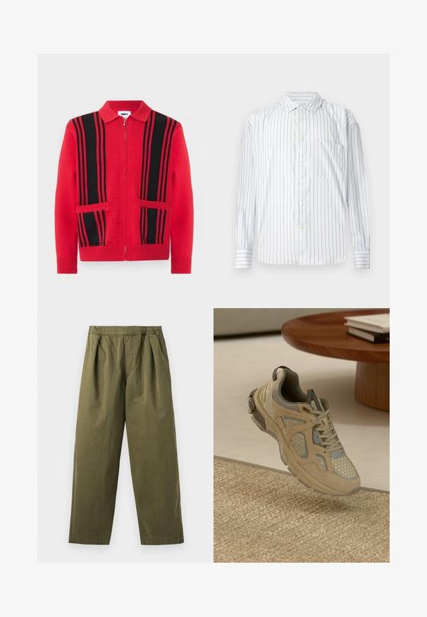 Roter Strickpullover mit Reißverschluss, schwarzen vertikalen Streifen und zwei Fronttaschen, mit umgelegtem Kragen sowie Bündchen und Saum mit Rippenmuster.; Langärmliges Hemd in Weiß mit dünnen roten vertikalen Streifen, weicher Textur, spitzem Kragen und einer linken Brusttasche.; Olivgrüne Weite-Hosen mit elastischem Bund und vorderen Falten, vor hellem Hintergrund gezeigt.; Beige und graue Sport-Sneaker mit Mesh- und Wildlederelementen, die über einem gewebten Teppich schwebt, neben einem Holztisch mit Büchern.