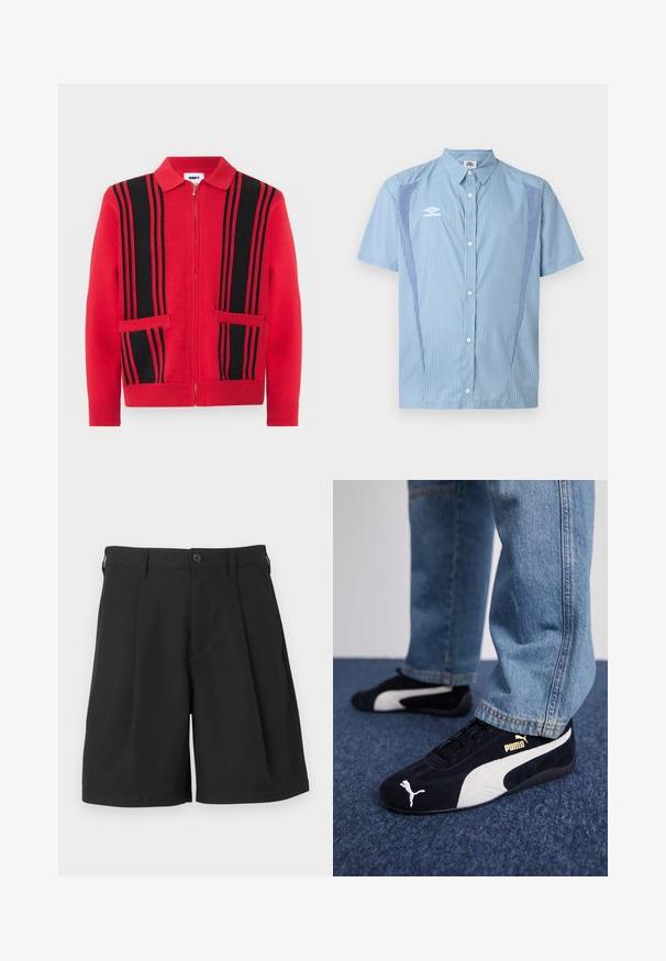 Pull en maille rouge à fermeture éclair avec des rayures verticales noires et deux poches avant, doté d'un col rabattu et de poignets et ourlet côtelés.; Chemise à manches courtes bleu clair avec fines rayures verticales, panneaux latéraux contrastés et logo Umbro blanc sur la poitrine gauche.; Shorts noirs en tissu lisse, avec une coupe structurée, des plis à l'avant et une fermeture par un bouton unique à la taille.; Baskets en daim noir avec accents blancs, arborant un logo doré. Portées avec un jean en denim bleu clair et posées sur une surface bleue texturée.